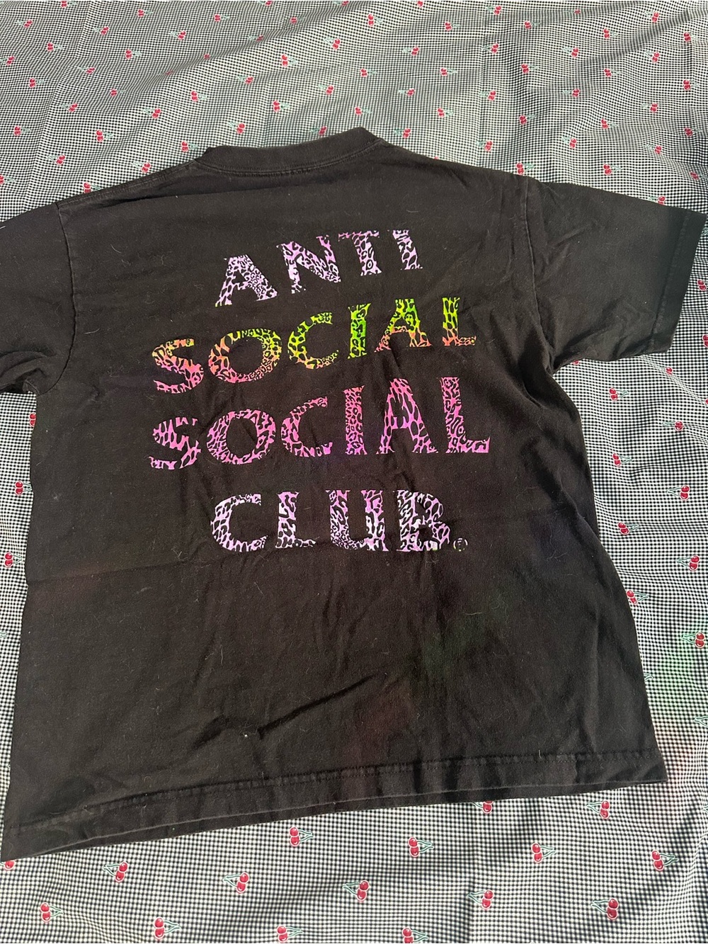 Anti Social Social Club Black Tee with Neon Leopard Print Logo